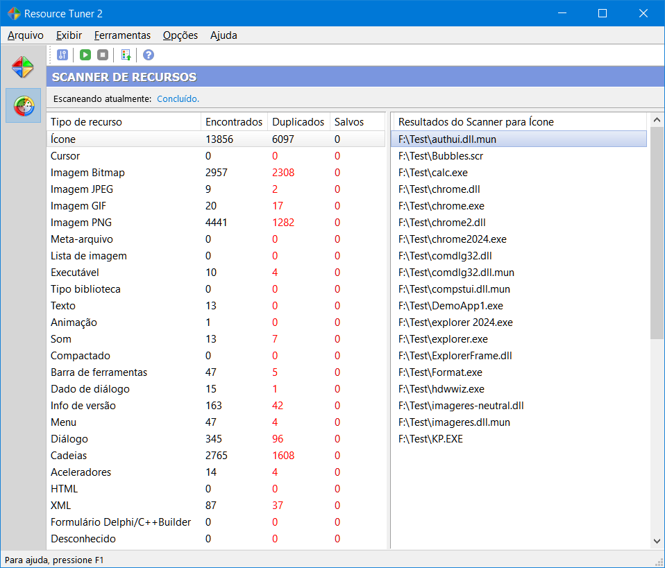 Resultado da busca de varredura de recursos