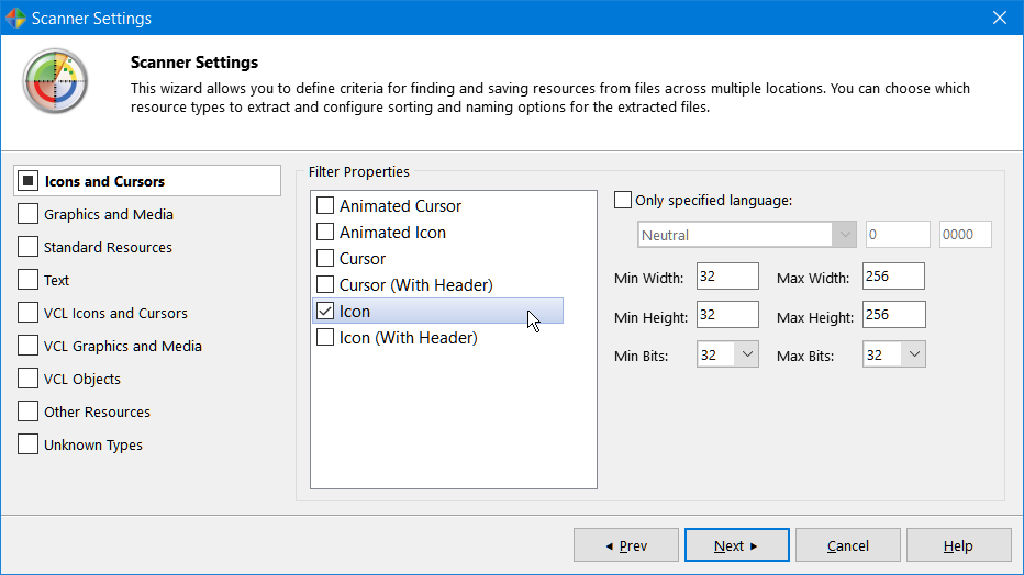 Resource scanner preferences